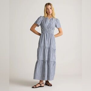 NWT Quince Women L Organic Cotton Poplin Tiered Maxi Dress Hudson Stripe Coastal